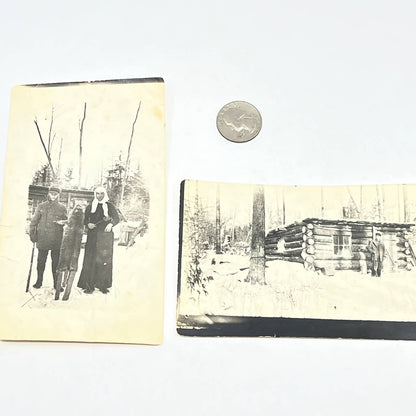 Antique Original Winter Log Cabin Hunting Photo  Set of 2 AC2