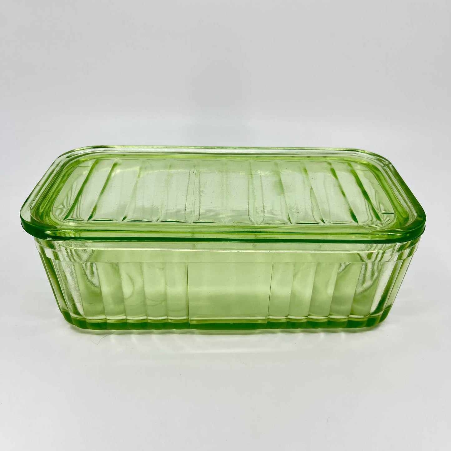 Anchor Hocking Green Uranium Depression Glass Refrigerator Box & Lid 8x4” TD8