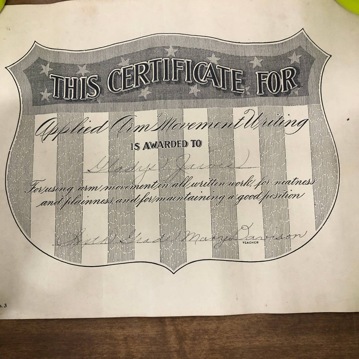 1920s Applied Arm Movement Writing Certificate Award Gladys Jarvis Chicago AC9