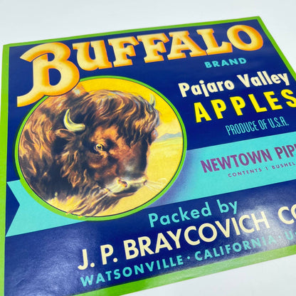 Vintage Buffalo Brand Apple Crate Label J.P. Braycovich Watsonville CA FL3