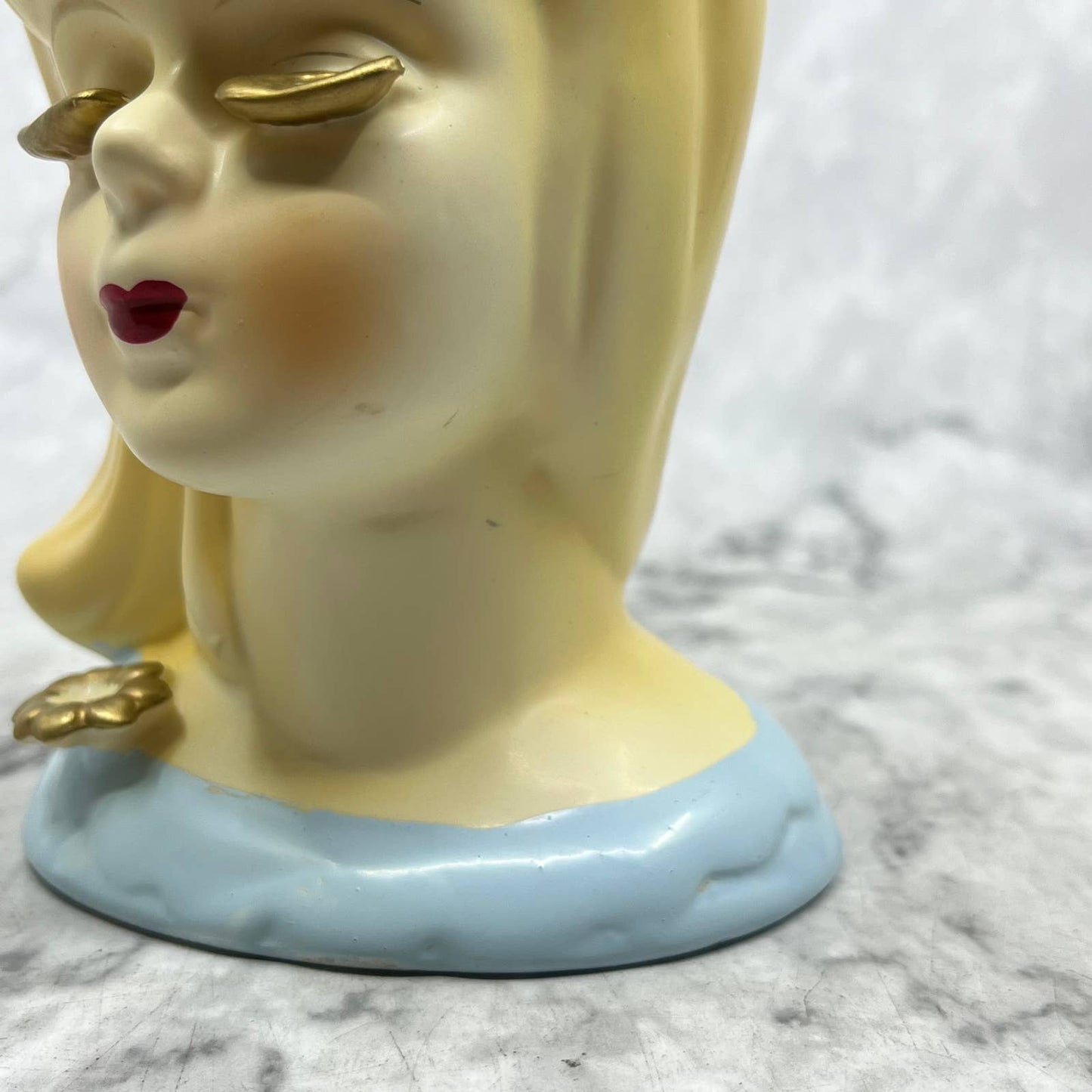 MCM Head Vase Lady Girl Japan Gold Eye Lashes Blue Dress Flower 5" TK2