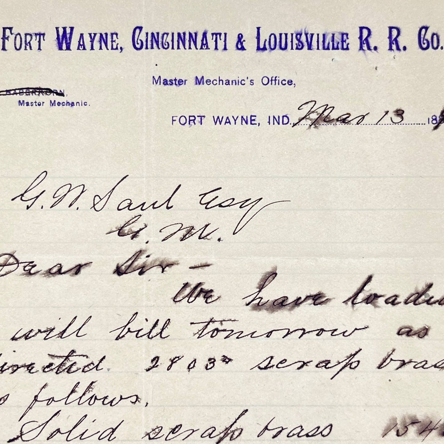 1890 Fort Wayne, Cincinnati & Louisville RR Master Mechanic Letterhead Memo AB1