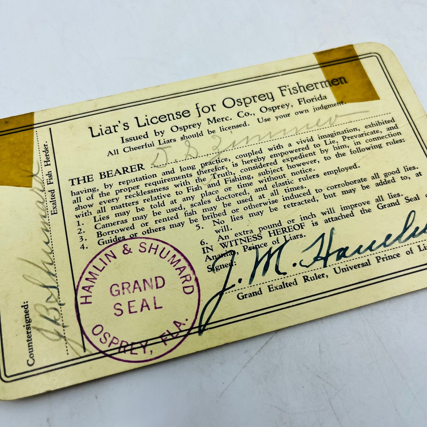 Vintage Liars License for Osprey Fishermen Humorous Fishing Joke Card P9-14