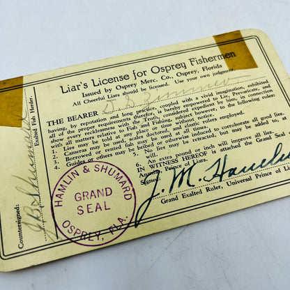 Vintage Liars License for Osprey Fishermen Humorous Fishing Joke Card P9-14