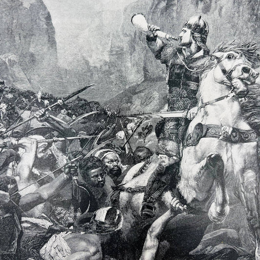 1880s Victorian Art Print Engraving Pulci ROLAND AT THE BATTLE OF RONCESVALLES