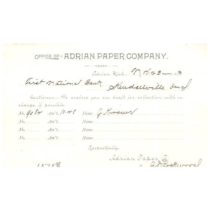 1893 Adrian Paper Company Letterhead Billhead Memo B.D. Lockwood MI AD8-1