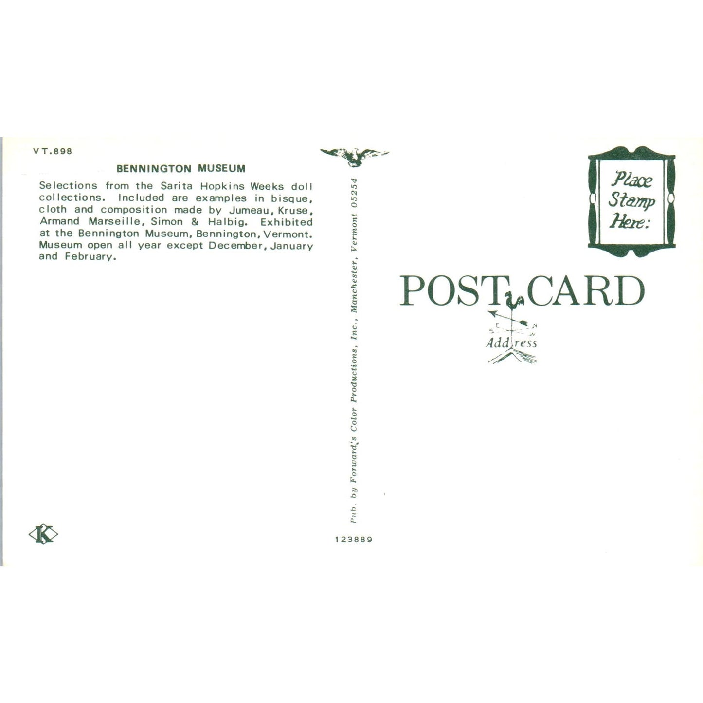 Sarita Hopkins Weeks Dolls Bennington Museum VT Original Postcard PB4