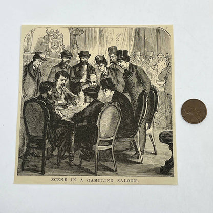 1880s Original Art Print Engraving Scene in a Gambling Saloon New York ~4.5" AC9