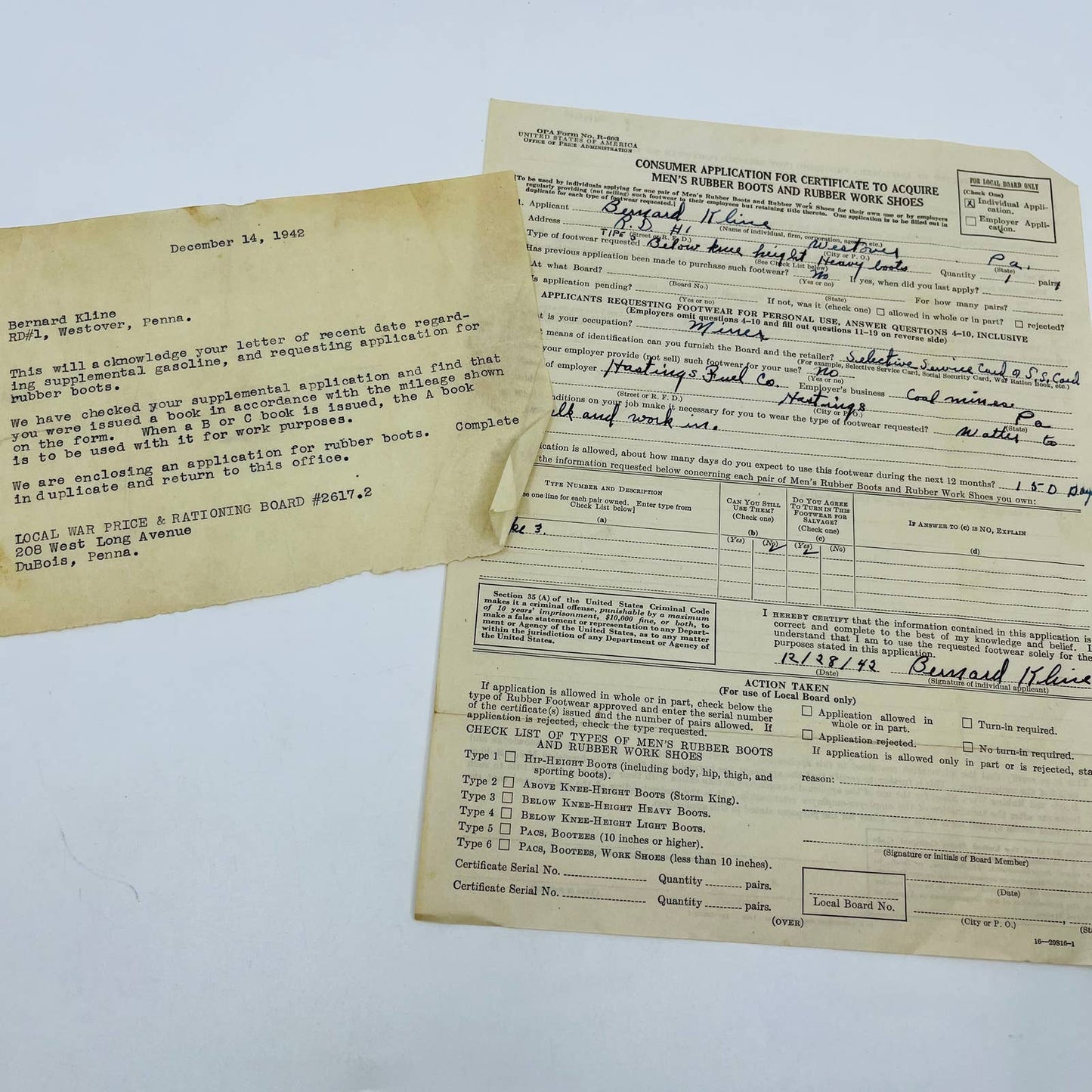 1942 OPA Application to Acquire Rubber Boots Bernard Klein Westover PA D3