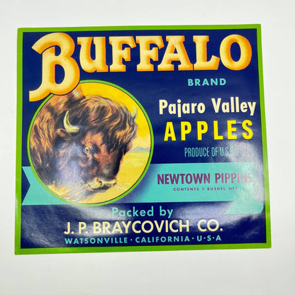Vintage Buffalo Brand Apple Crate Label J.P. Braycovich Watsonville CA FL3