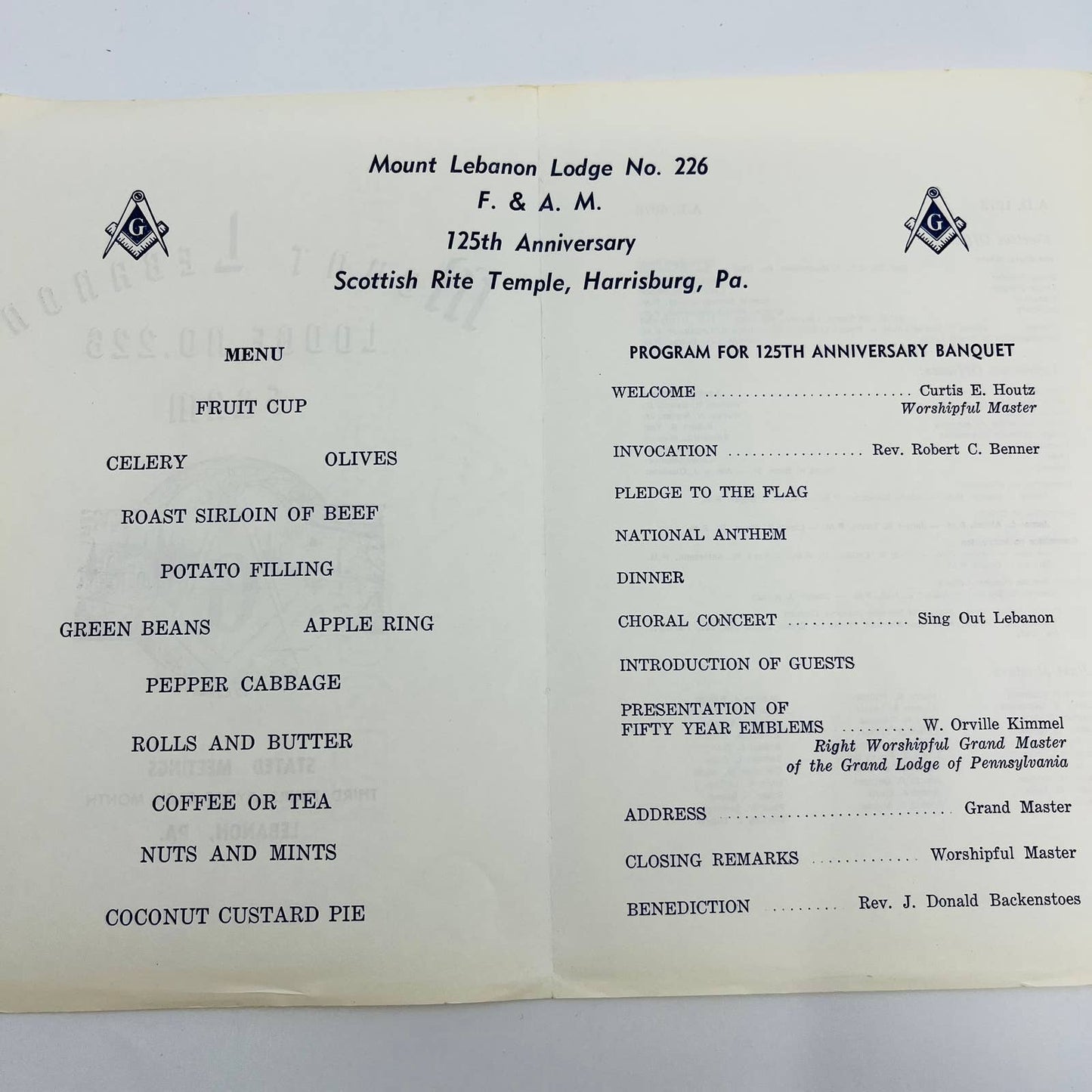 1973 Mount Lebanon Masonic Lodge 226 Banquet Menu & Program Harrisburg PA C10