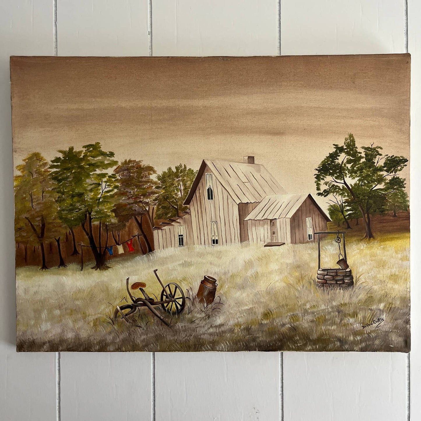 Vintage Kitsch Original Art Oil Painting Farmhouse Signed Debbie Curtis 18x24"