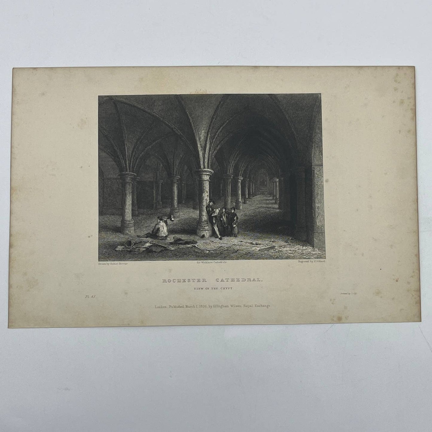 1836 Original Art Engraving Rochester Cathedral View of the Crypt AC6