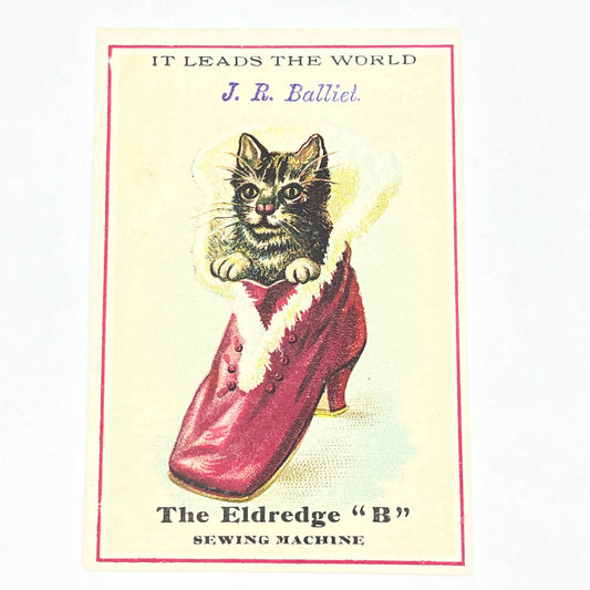 1880s Trade Card Eldredge B Sewing Machine Adorable Cat Kitten J.R. Balliet AC2