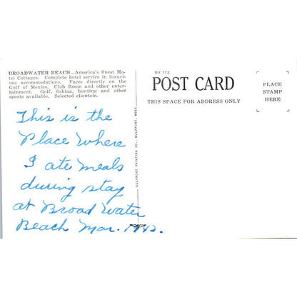 The Broadwater Beach Main Building Biloxi Mississippi Original Postcard TJ7-RP3