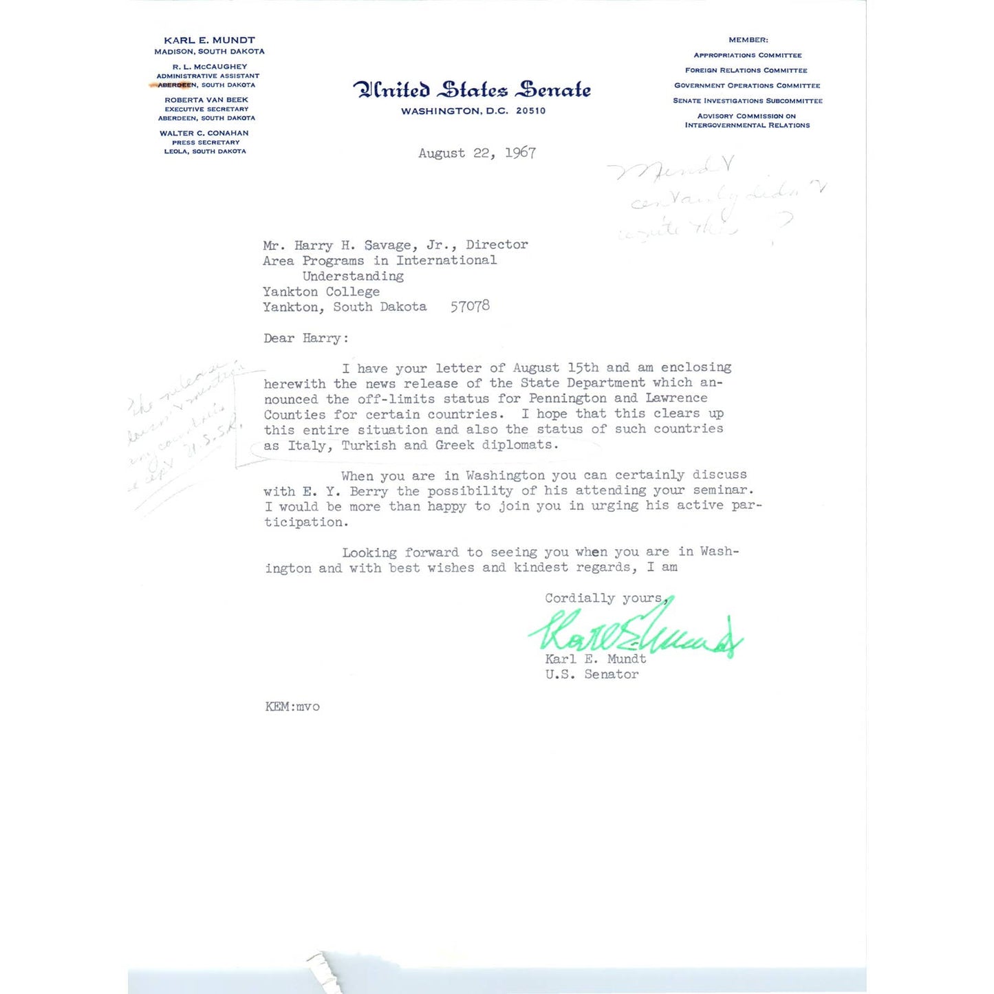 South Dakota Senator Karl Mundt Official Letterhead Signed Memo 1967 TK1-P6