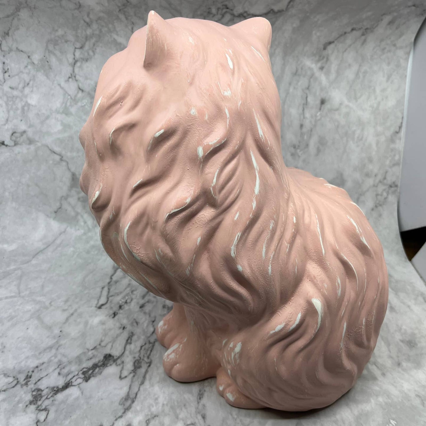 Vtg Hand Painted Lifesize Ceramic PINK Blue Eyes Fluffy Persian Cat Statue 14”