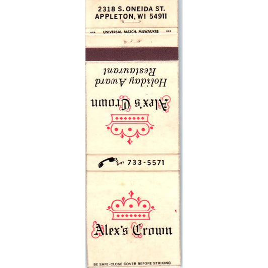 Alex's Crown Restaurant Appleton Wisconsin Advertising Matchbook Cover SA1-M8