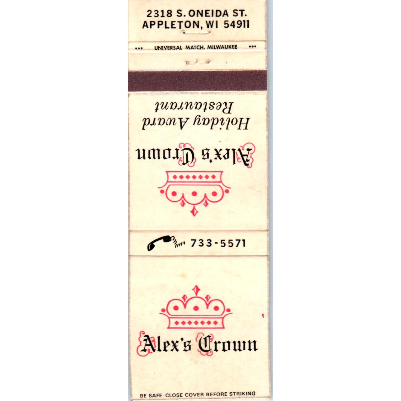 Alex's Crown Restaurant Appleton Wisconsin Advertising Matchbook Cover MM9-8