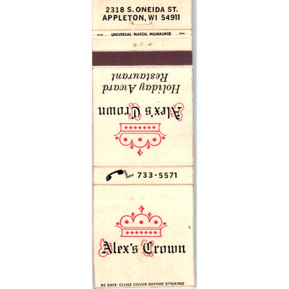 Alex's Crown Restaurant Appleton Wisconsin Advertising Matchbook Cover MM9-8