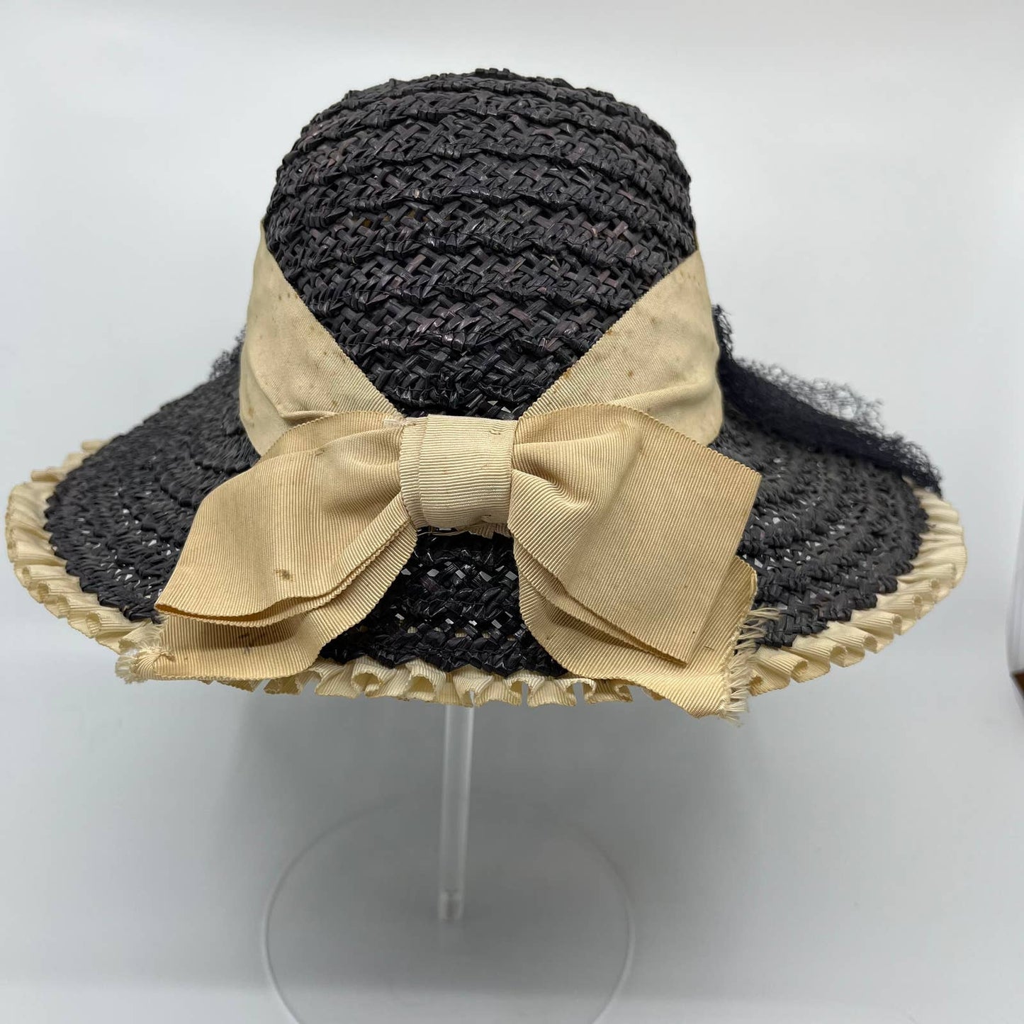 Vintage Gray Straw Sun Hat with Cream Bow and Back Netting HB1