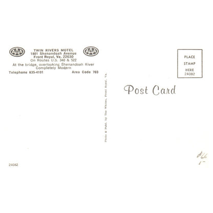 Twin Rivers Motel Shenandoah Avenue Front Royal Virginia - Postcard TJ8-1