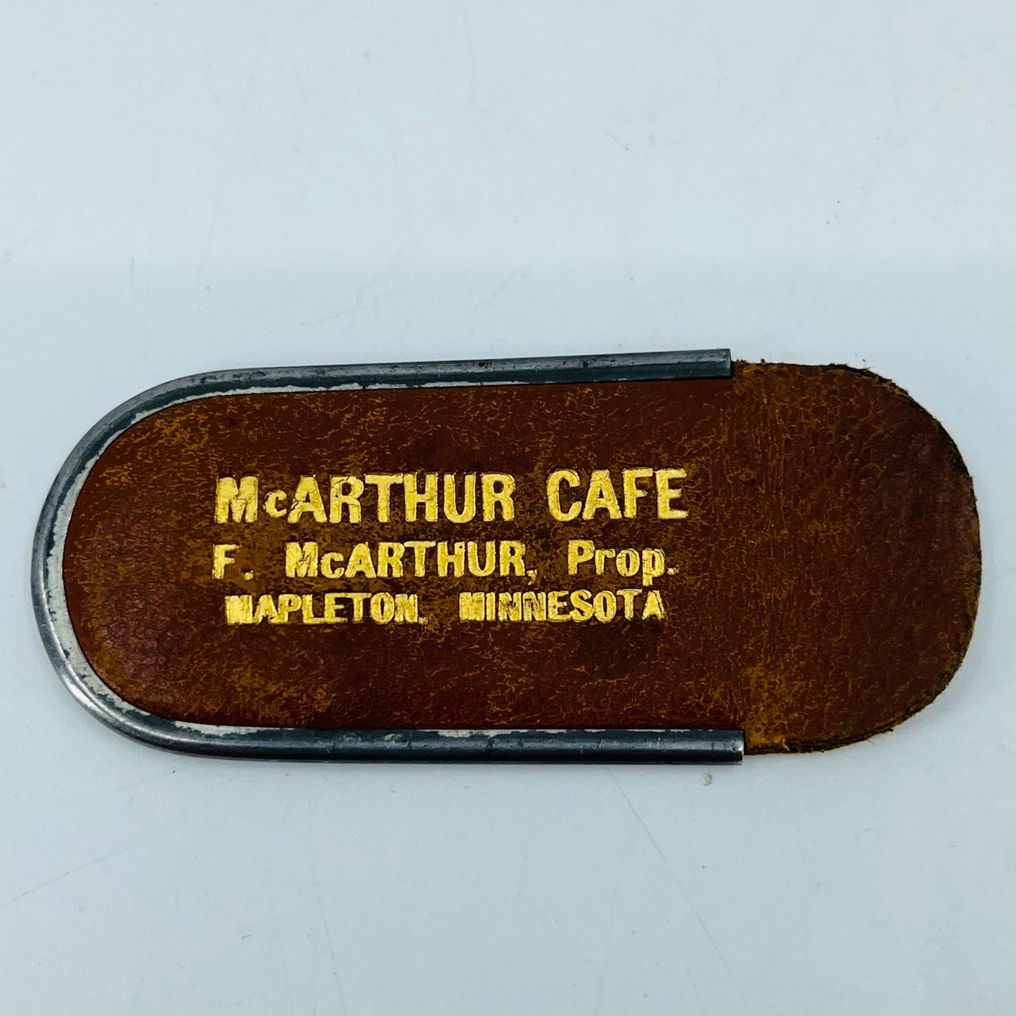 1940s Leather and Metal Advertising Key Holder McArthur Cafe Mapleton MN SB2
