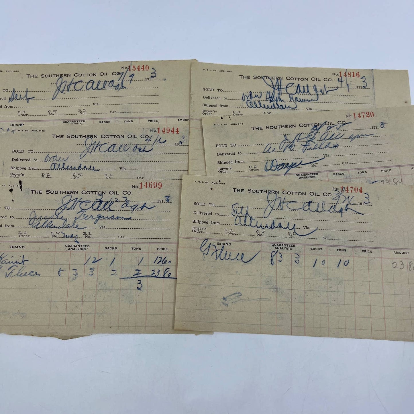 1913 The Southern Cotton Oil Company Agusta Division SC Document Set of 9 AC9