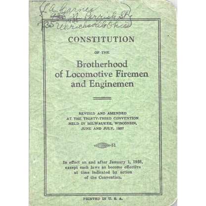 1938 Brotherhood of Locomotive Firemen & Enginemen Constitution Book TJ8-1