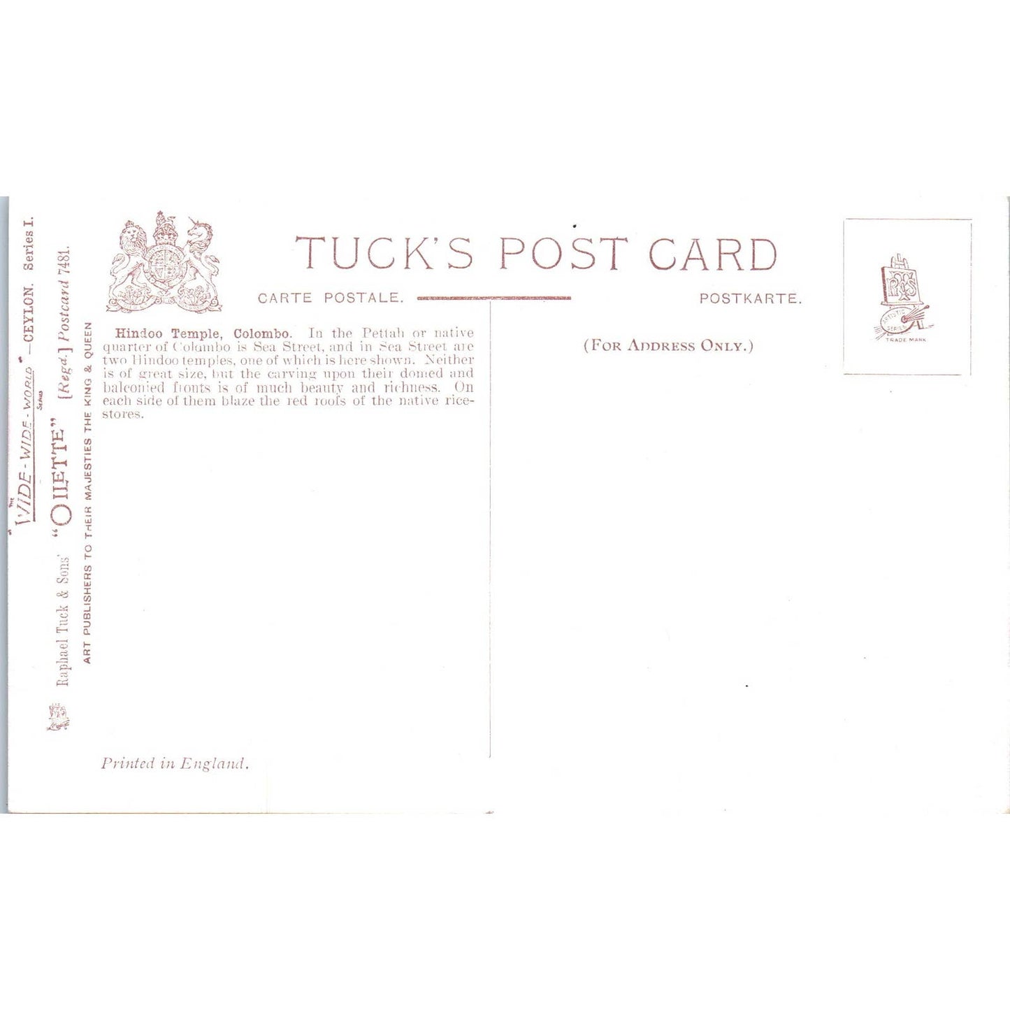 Ceylon Hindoo Temple Colombo Raphael Tuck Oilette Original Postcard TK1-P17