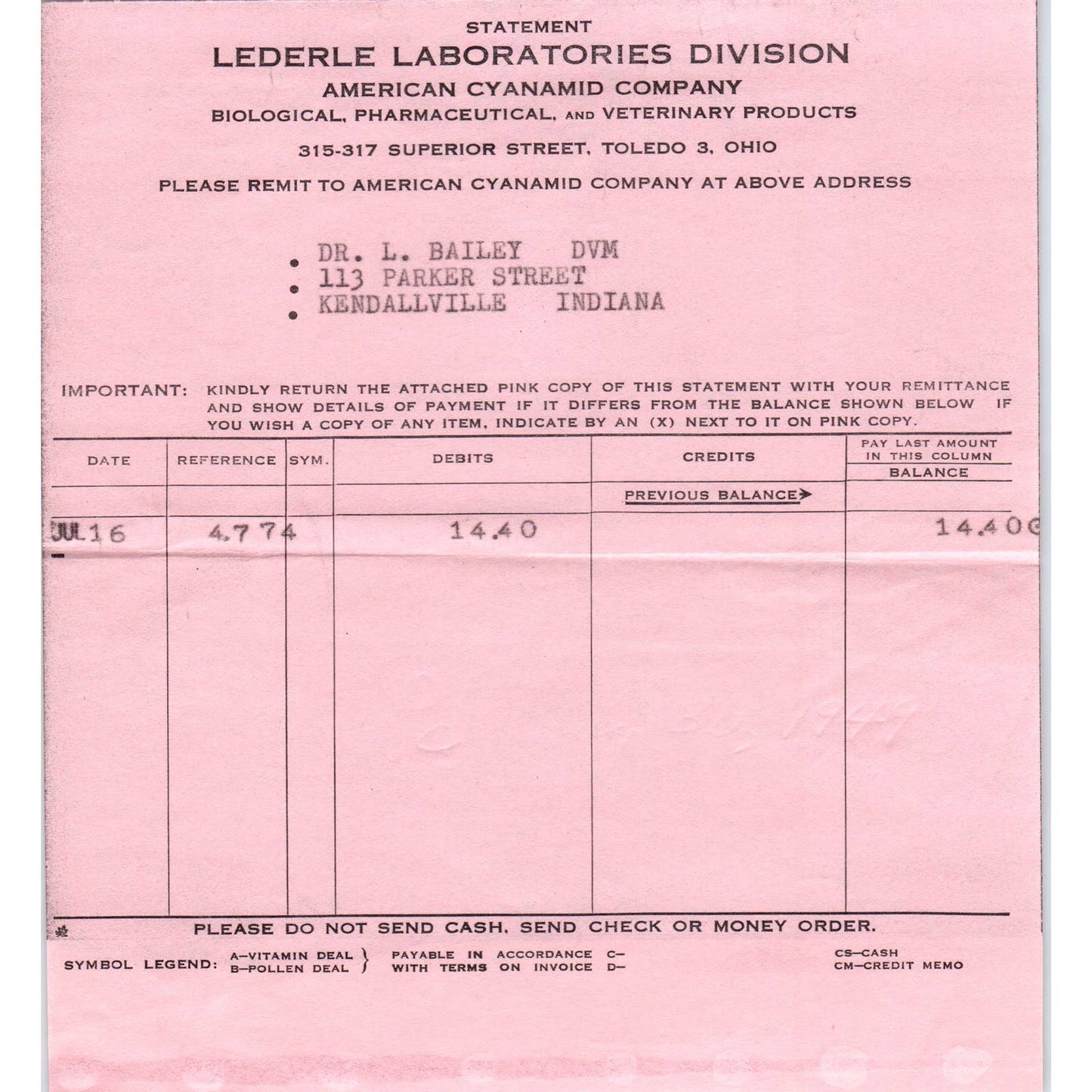 1916 Lederle Laboratories Division American Cyanamid Company Invoice CC AD8