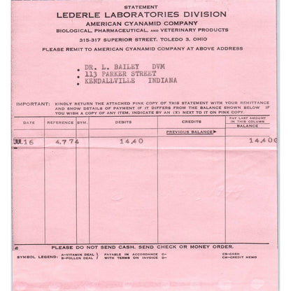 1916 Lederle Laboratories Division American Cyanamid Company Invoice CC AD8