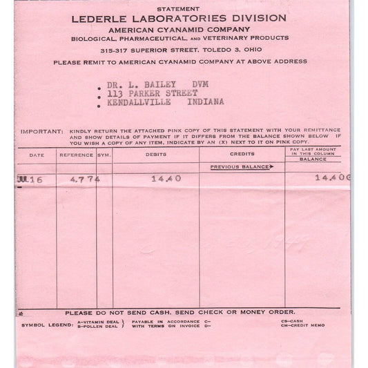 1916 Lederle Laboratories Division American Cyanamid Company Invoice CC AD8