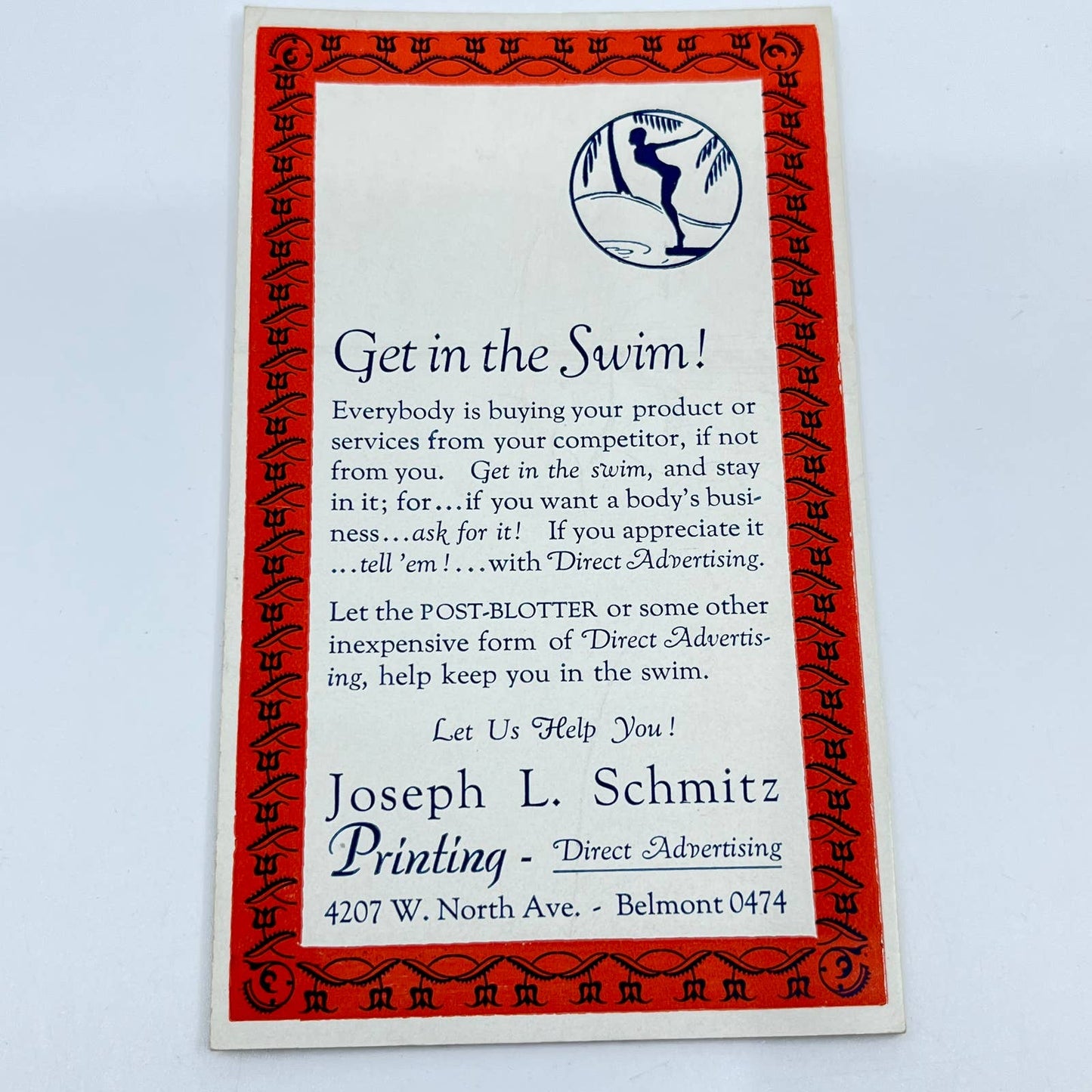 1940s Blotter Card Swimming Peel-Off Joseph L. Schmitz Printing Chicago IL SC9