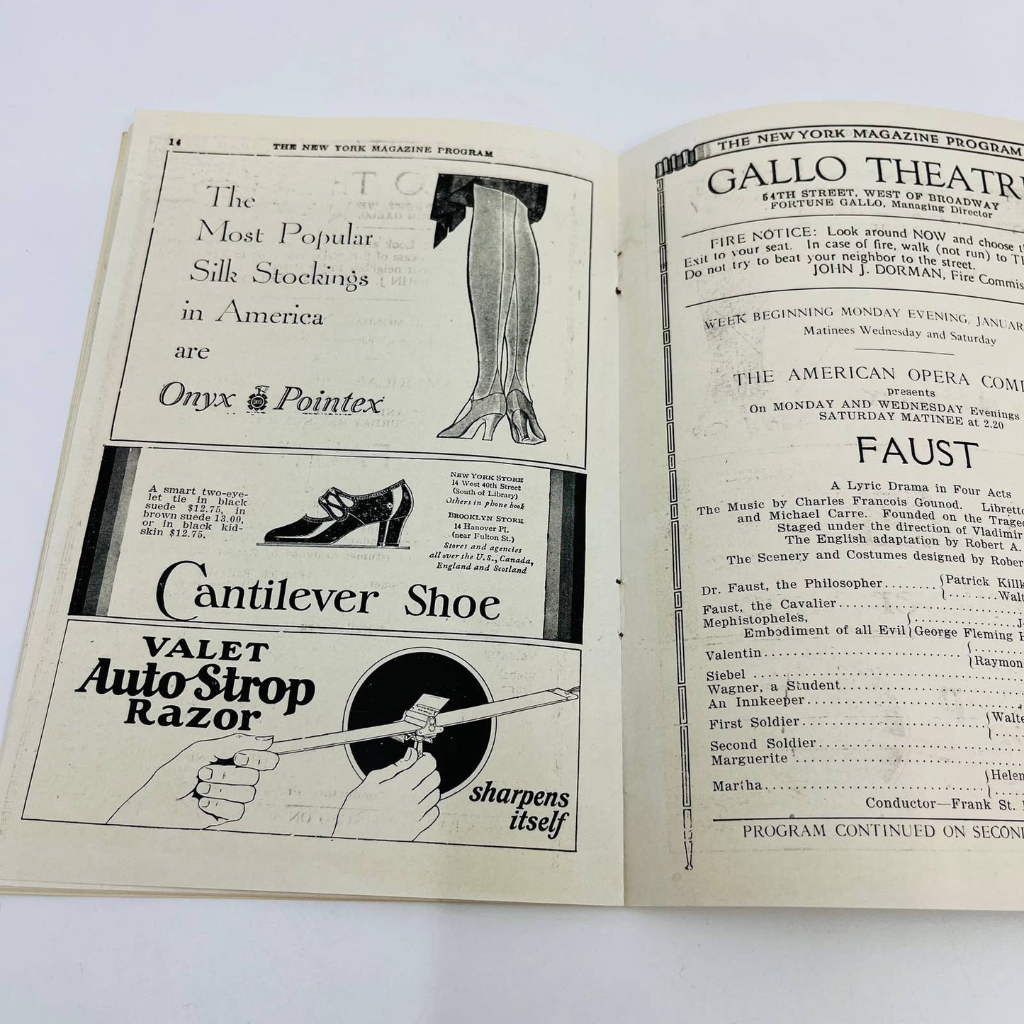 1928 Gallo Theatre American Opera Co. FAUST Program w/ News Clipping TD6