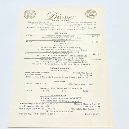 1968 Norfolk VA Naval Station Officers' Dinner Menu Department of the Navy AB7