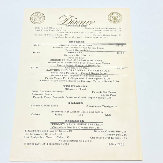 1968 Norfolk VA Naval Station Officers' Dinner Menu Department of the Navy AB7