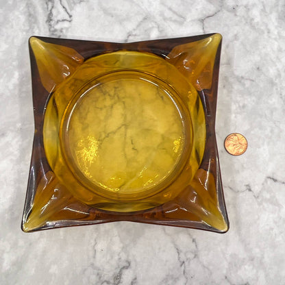 1960s MCM Heavy Square Amber Glass Cigar Cigarette Ashtray 6" TI7