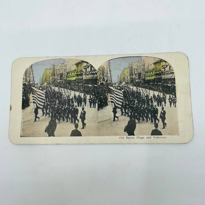 1898 Stereoview Card Tinted Spanish-American War US Old Battle Flags & Veterans