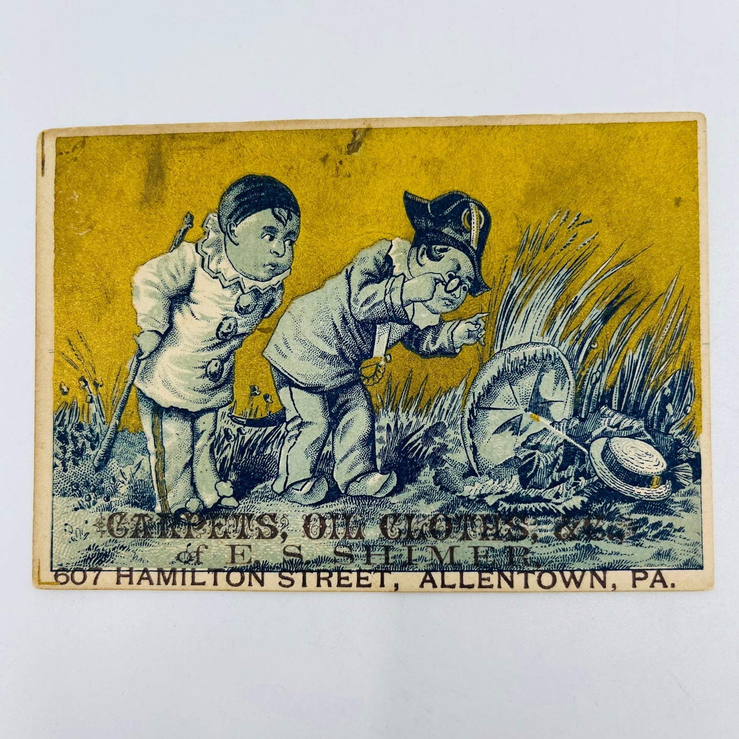 c1880 Trade Card Carpets, Oil, Clothes & Co E.S. Shimer Allentown PA P9-14
