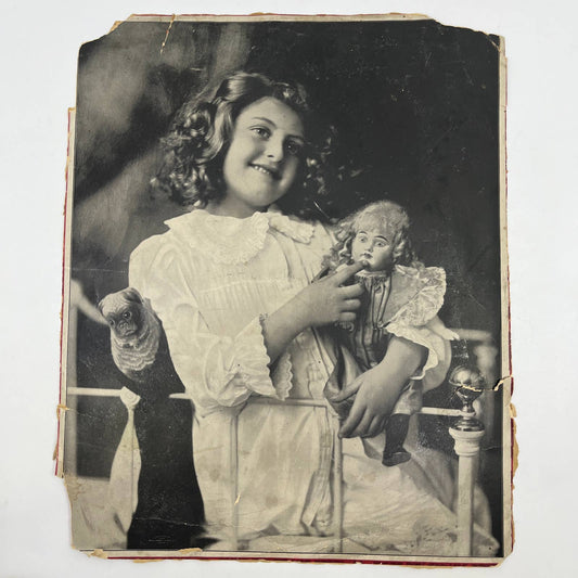 1900 Photo Print Victorian Curly Hair Girl With Doll and Toy Dog FL5