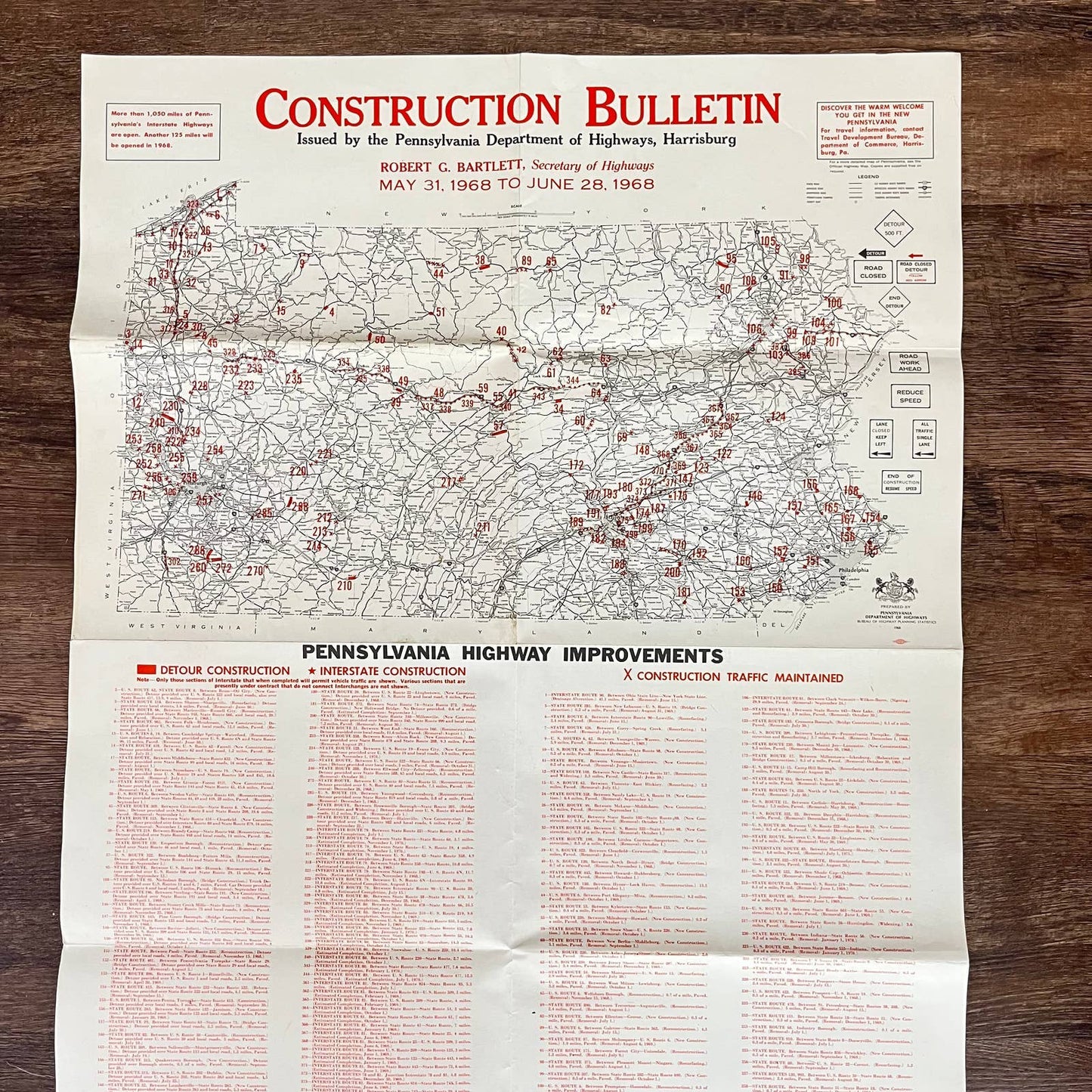 1968 Pennsylvania Construction Map Bulletin Highway Dept. Harrisburg 31x23 D7