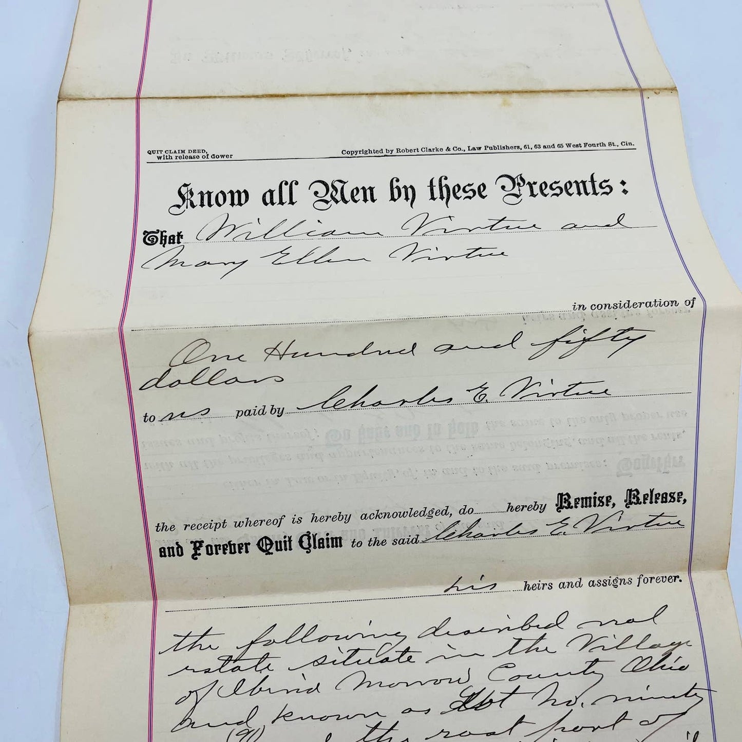 1897 Quit Claim Deed Charles E. Virtue Cincinnati Ohio C12