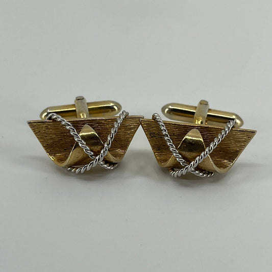 Vintage Modernist MCM MOD SWANK Cufflinks Textured Gold Tone Cable Wrap SE1