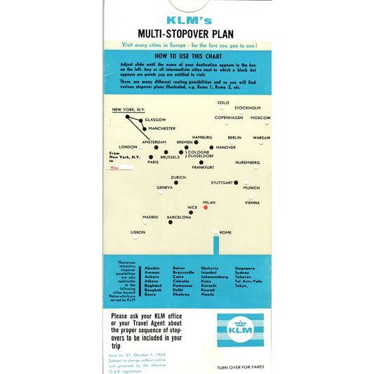 1964 KLM Airlines Multi Stop-over Plan Layover Planner Pull Card SE3-4