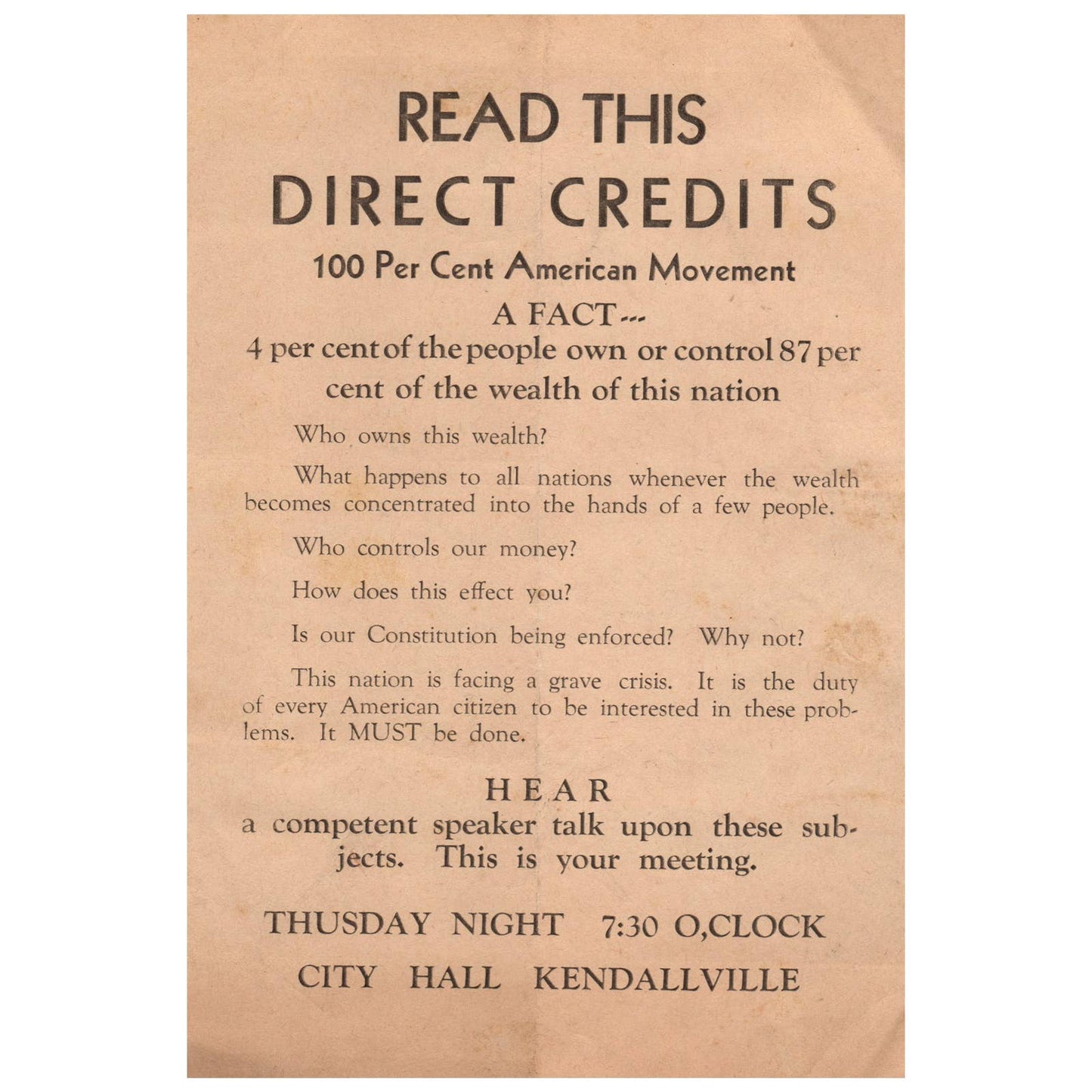 Original Early 1900s Kendallville IN Political Town Hall Leaflet Invitation AD8