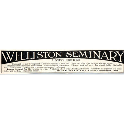c1920 Harper's Magazine Ad - Williston Seminary School for Boys Easthampton EA3