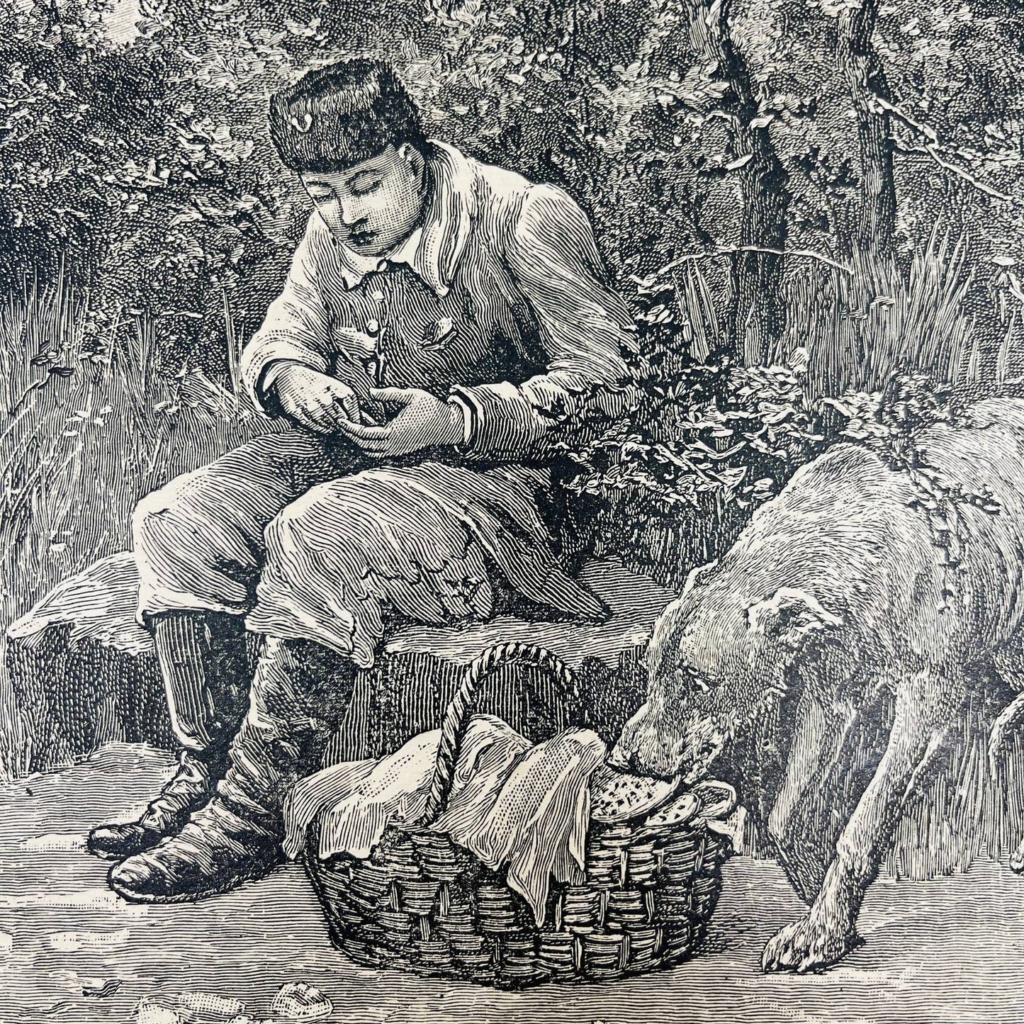 1880s Victorian Art Print Engraving Asian Man w Dog Eating from Picnic Basket C8