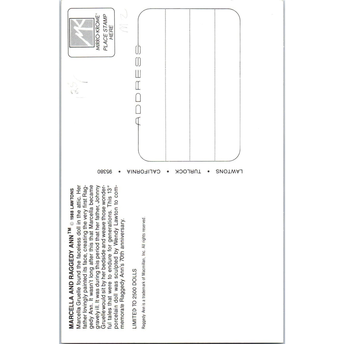 Marcella & Raggedy Ann Dolls 1988 Lawton Original Postcard PB8