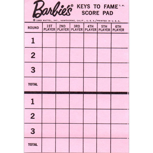 1963 Original Barbie's Keys to Fame Game Score Sheet - 1 Sheet Mattel SE4